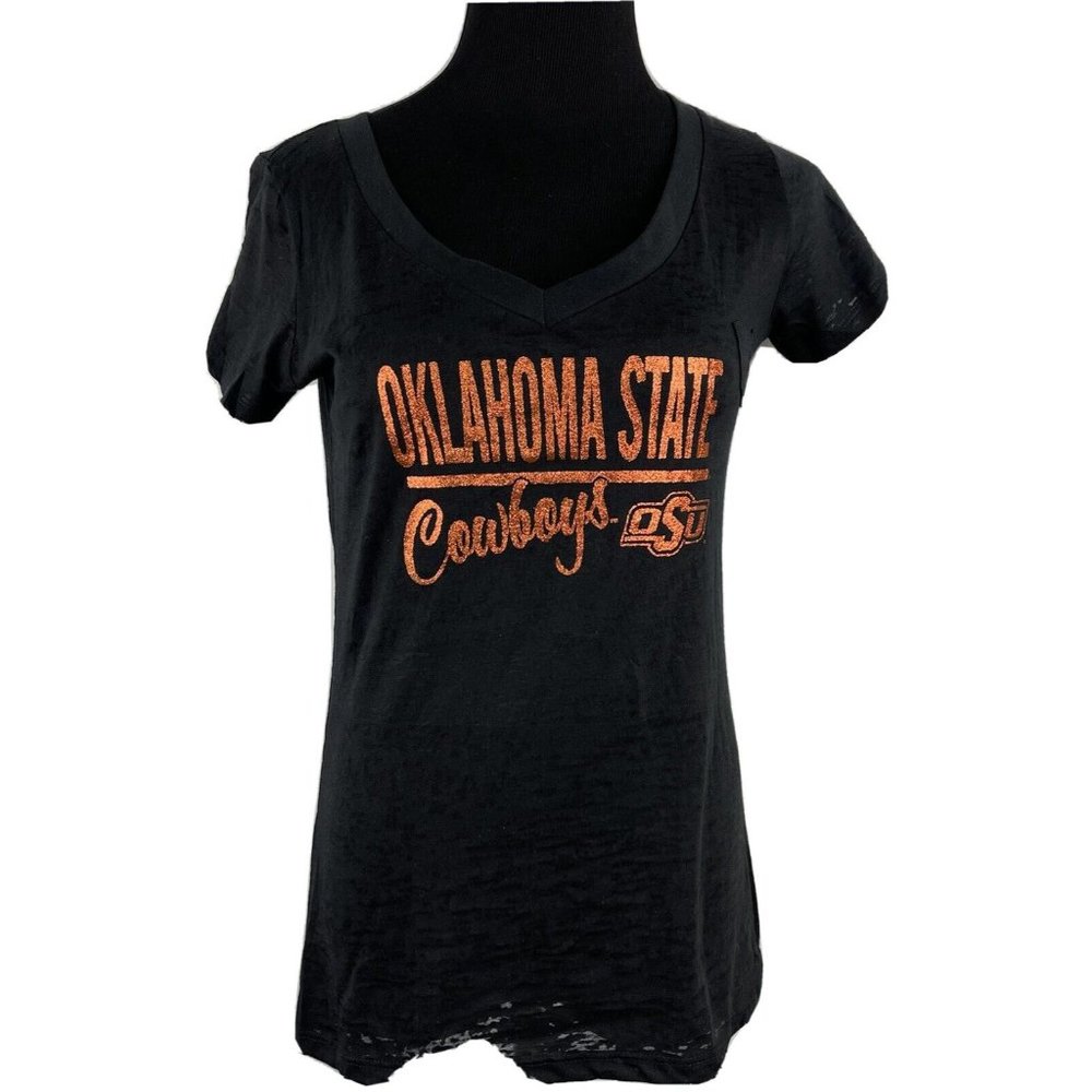 OSU Cowboys Pistol Pete womens black orange V-neck short sleeve Sheer tee shirt